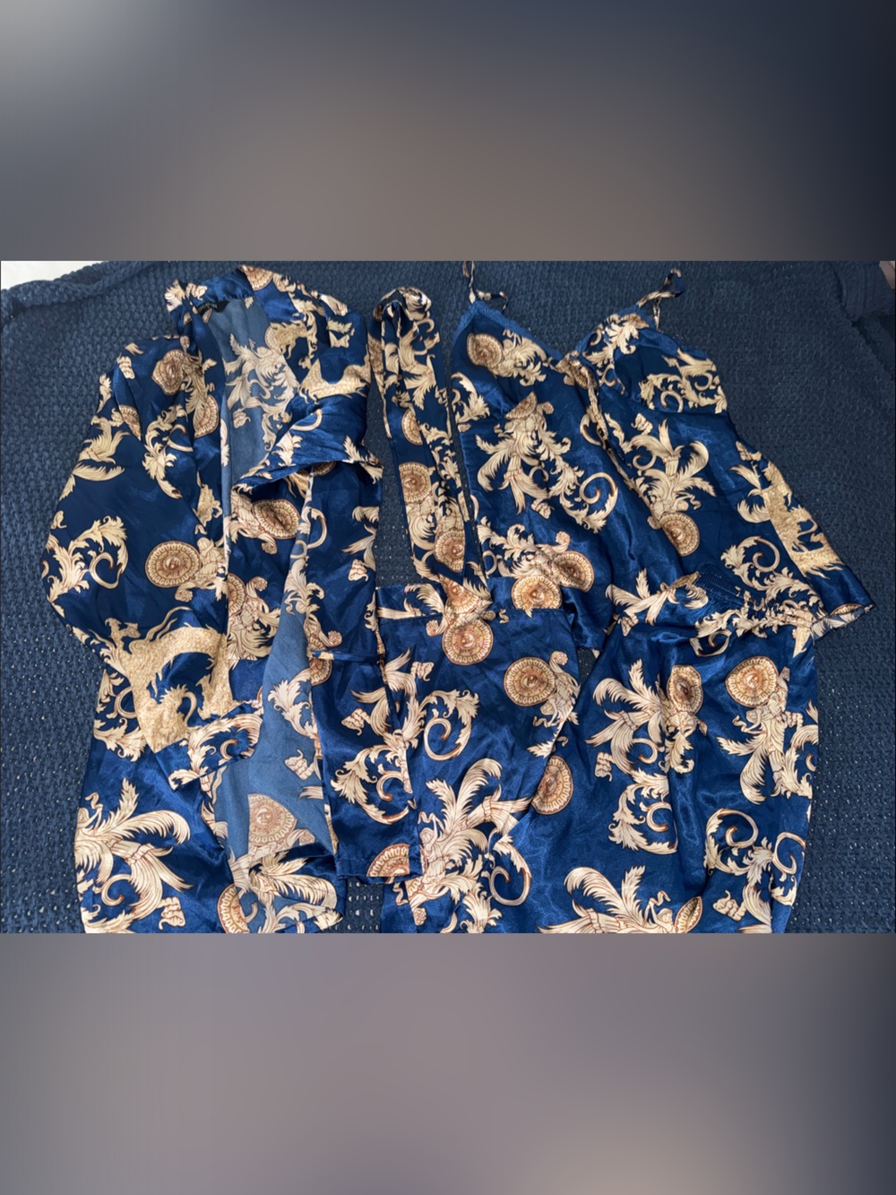 Satin Navy & Gold Baroque Pajama Set - Luxurious Sleepwear